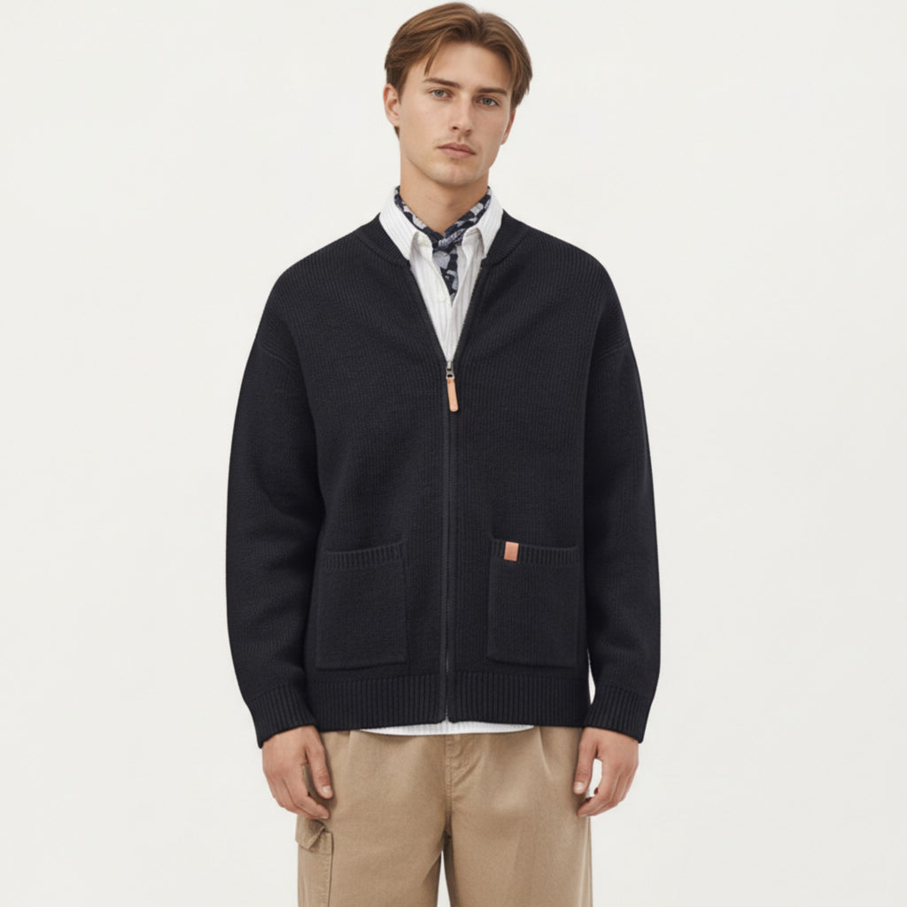 Anna-Kaci Men's Zip Front Knit Cardigan Sweater with Ribbed Trim and Patch Pockets