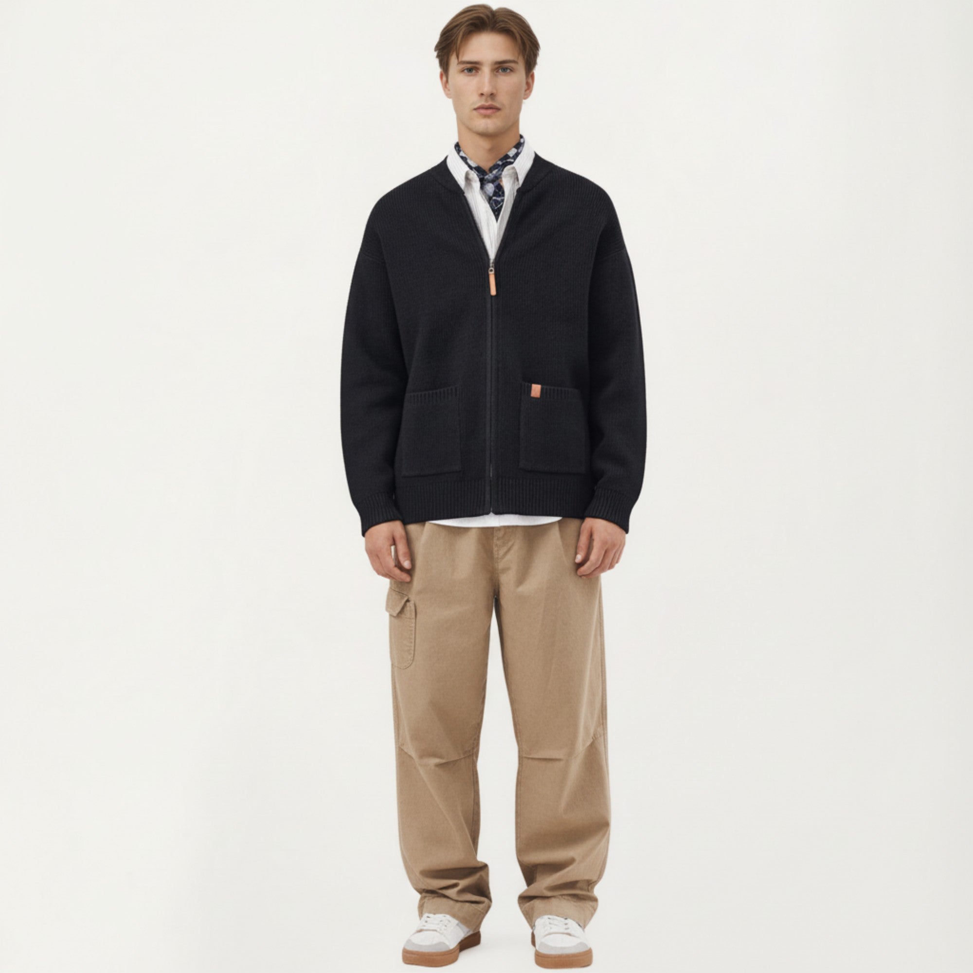 Anna-Kaci Men's Zip Front Knit Cardigan Sweater with Ribbed Trim and Patch Pockets