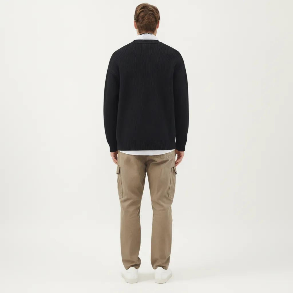 Anna-Kaci Men's Zip Front Knit Cardigan Sweater with Ribbed Trim and Patch Pockets