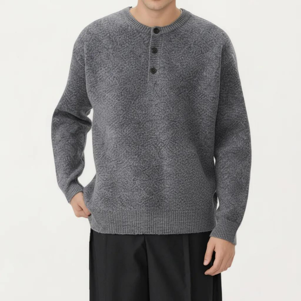 Anna-Kaci Men's Long Sleeve Knit Henley Sweater with Ribbed Trim