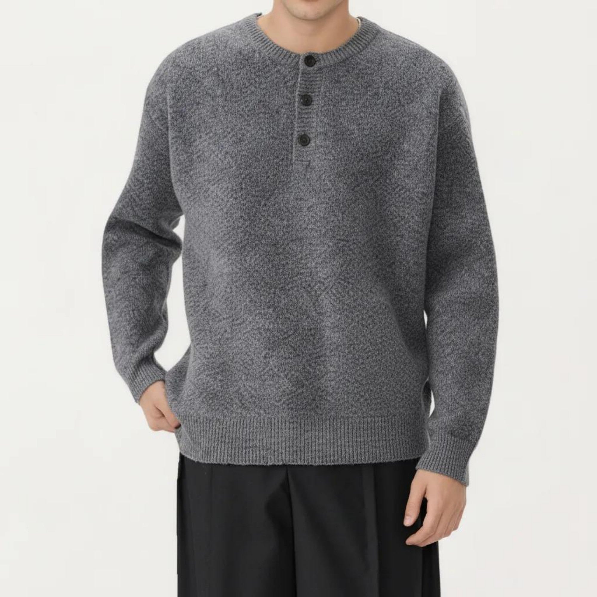 Anna-Kaci Men's Long Sleeve Knit Henley Sweater with Ribbed Trim