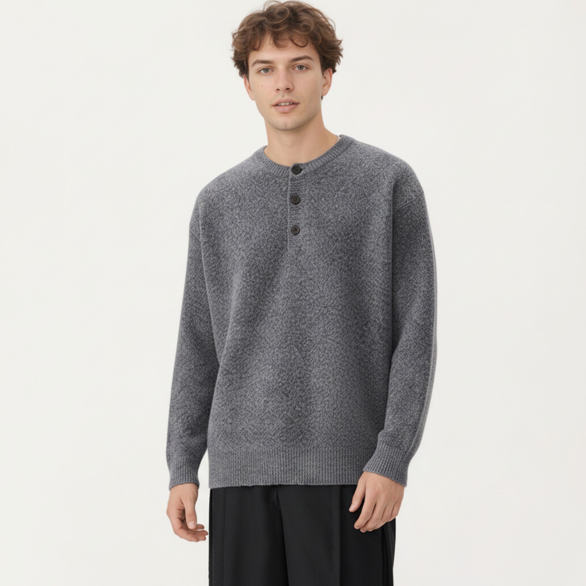 Anna-Kaci Men's Long Sleeve Knit Henley Sweater with Ribbed Trim