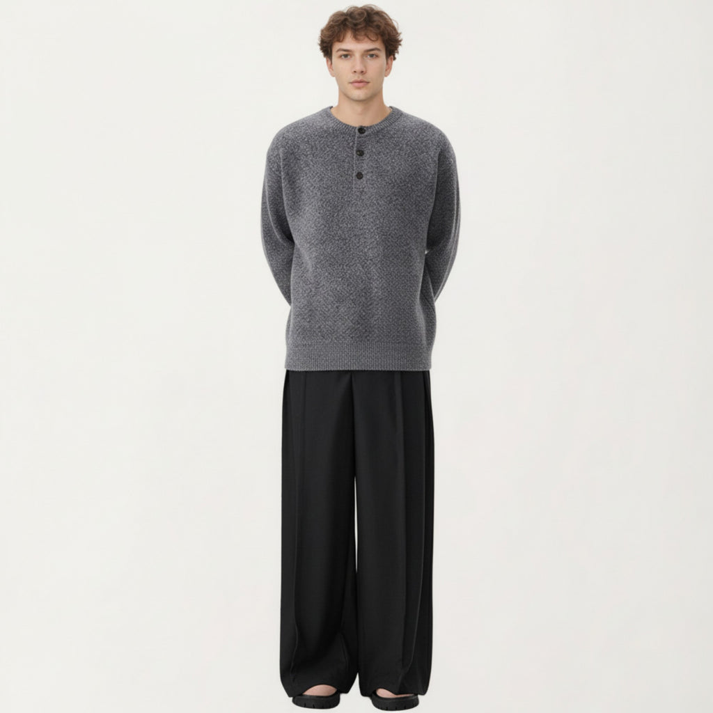 Anna-Kaci Men's Long Sleeve Knit Henley Sweater with Ribbed Trim