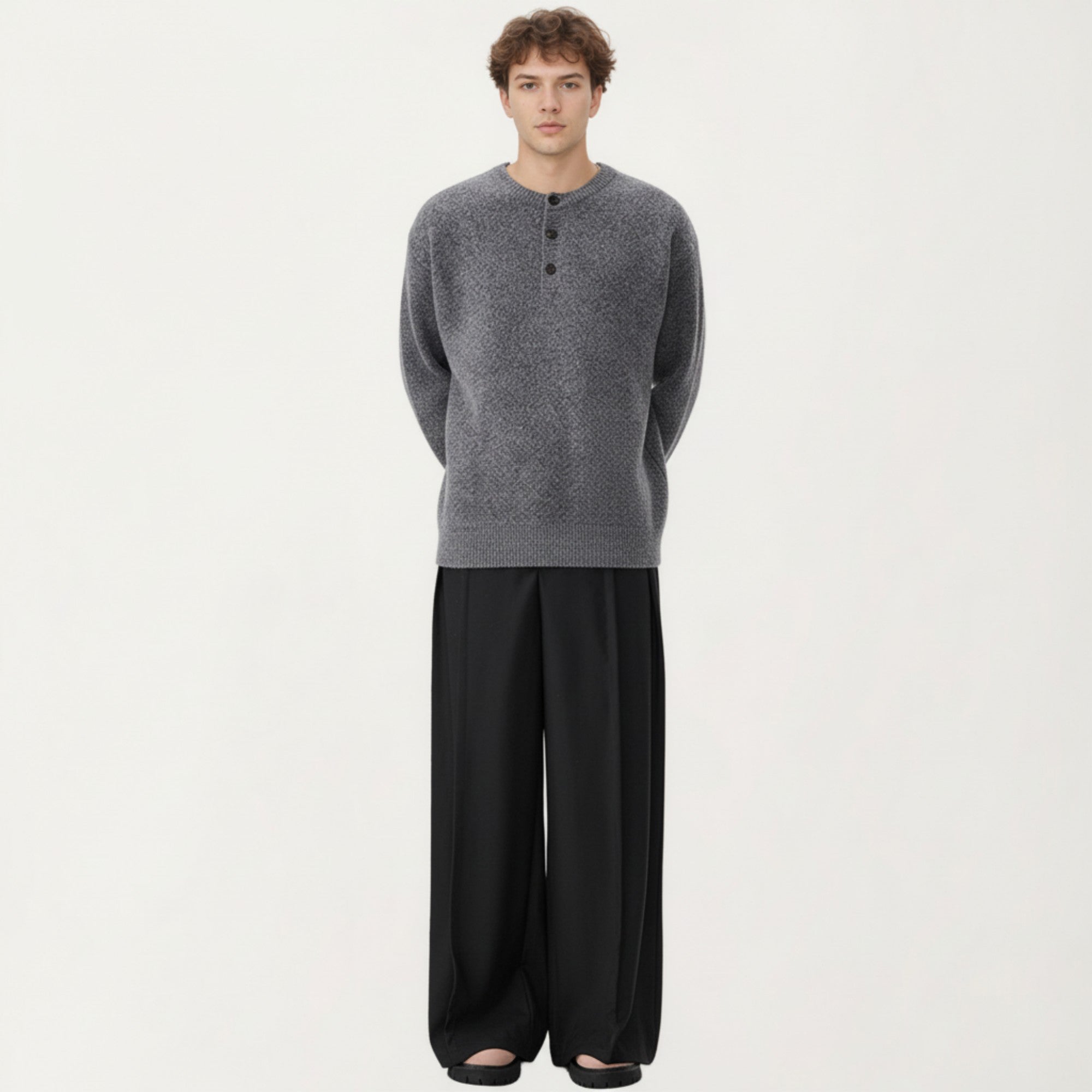 Anna-Kaci Men's Long Sleeve Knit Henley Sweater with Ribbed Trim