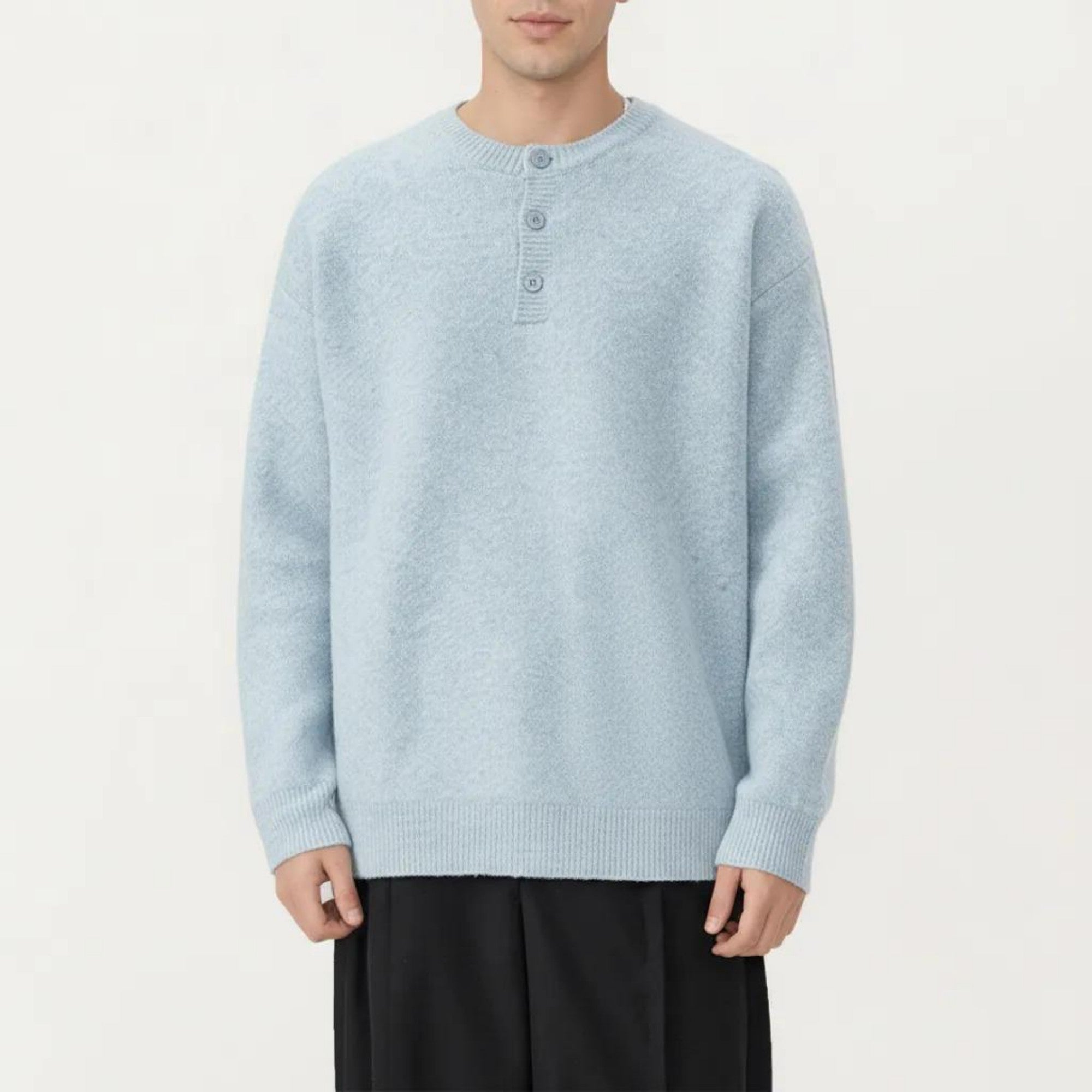 Anna-Kaci Men's Long Sleeve Knit Henley Sweater with Ribbed Trim