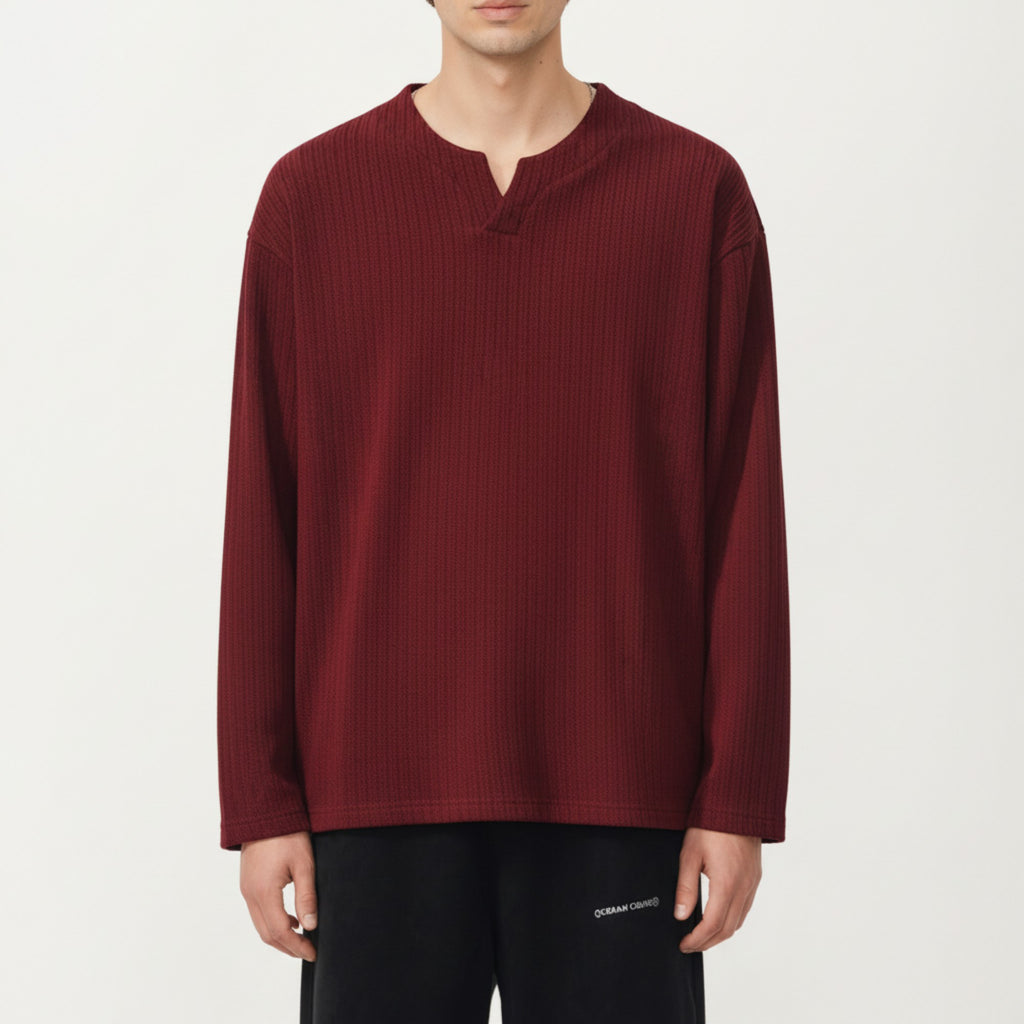 Anna-Kaci Men's Ribbed Long Sleeve Split Neck Top with Relaxed Fit