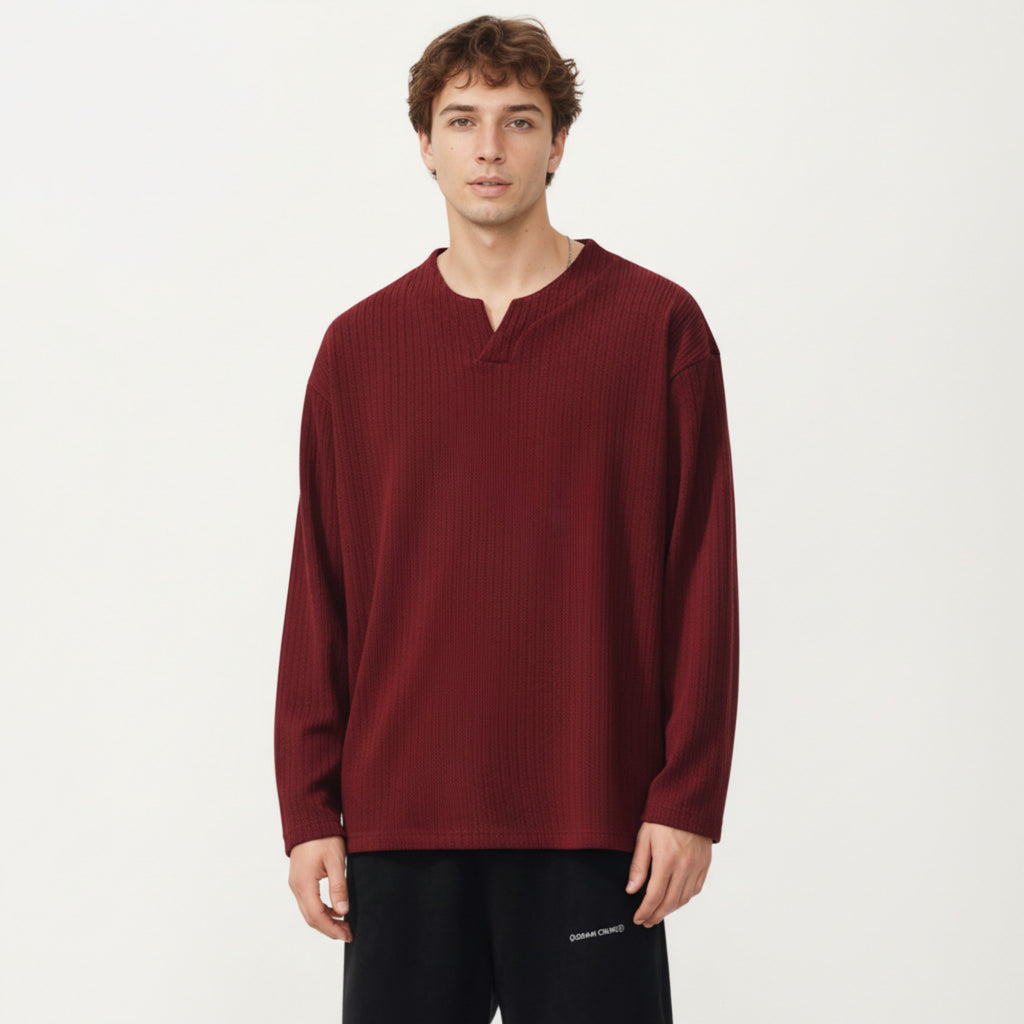 Anna-Kaci Men's Ribbed Long Sleeve Split Neck Top with Relaxed Fit