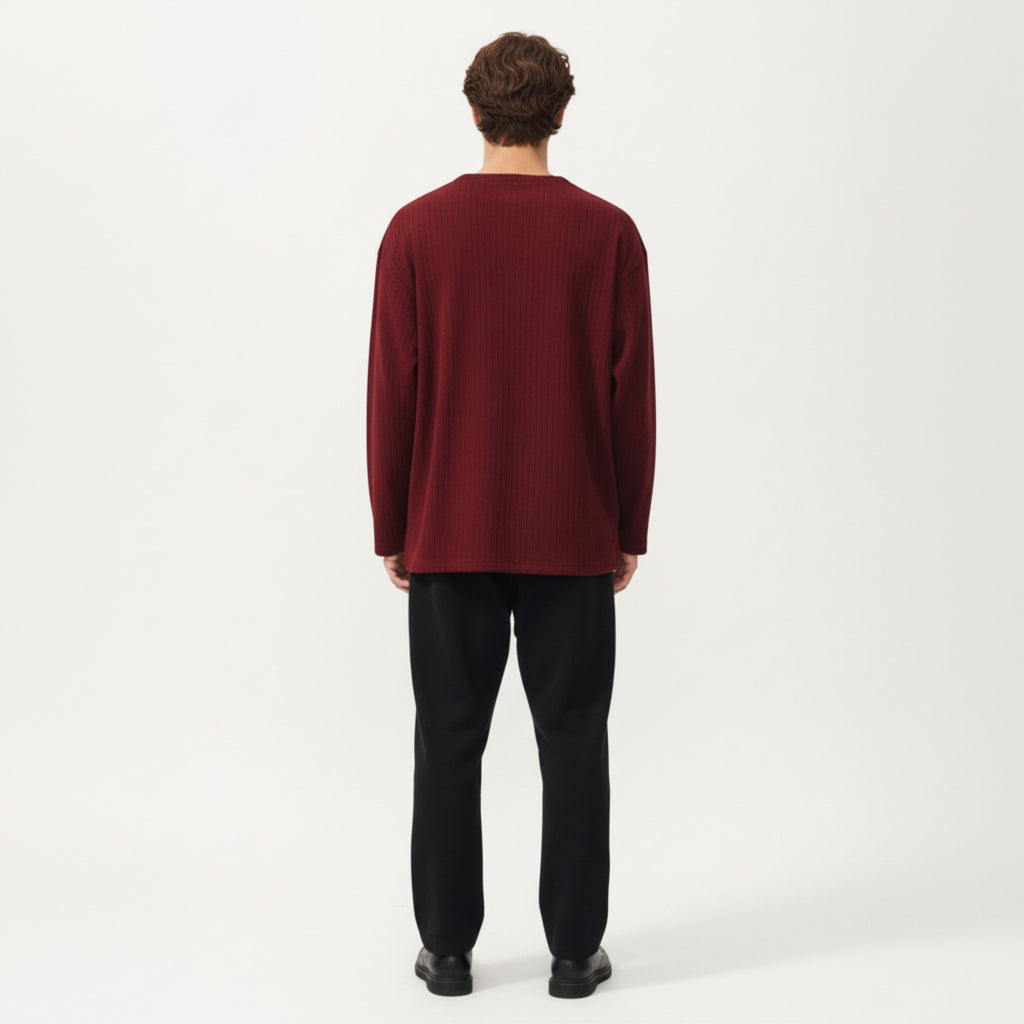Anna-Kaci Men's Ribbed Long Sleeve Split Neck Top with Relaxed Fit