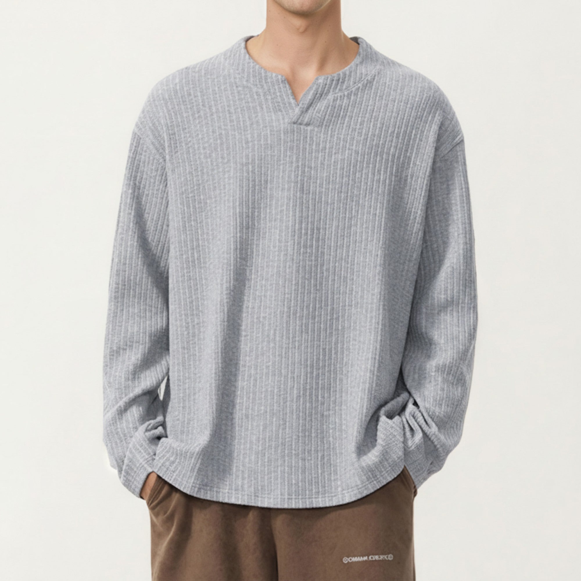 Anna-Kaci Men's Ribbed Long Sleeve Split Neck Top with Relaxed Fit