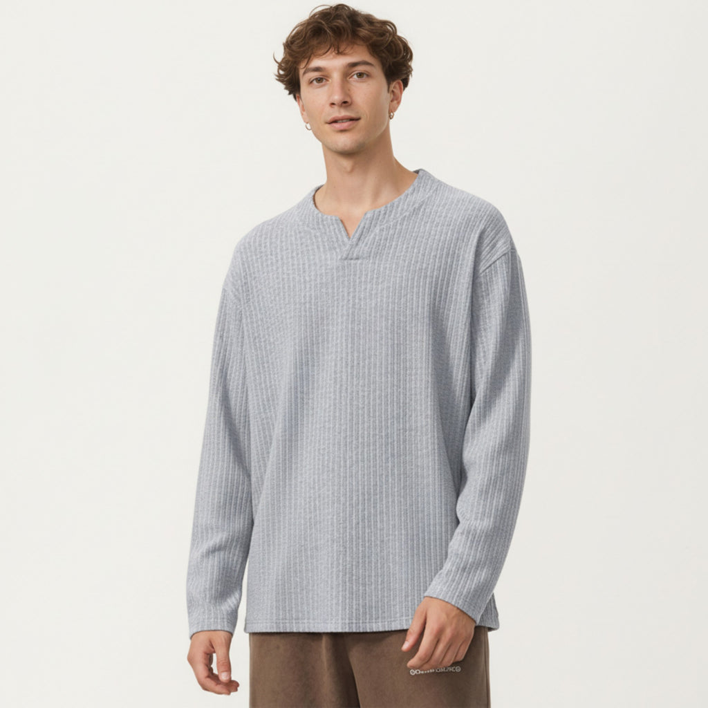 Anna-Kaci Men's Ribbed Long Sleeve Split Neck Top with Relaxed Fit