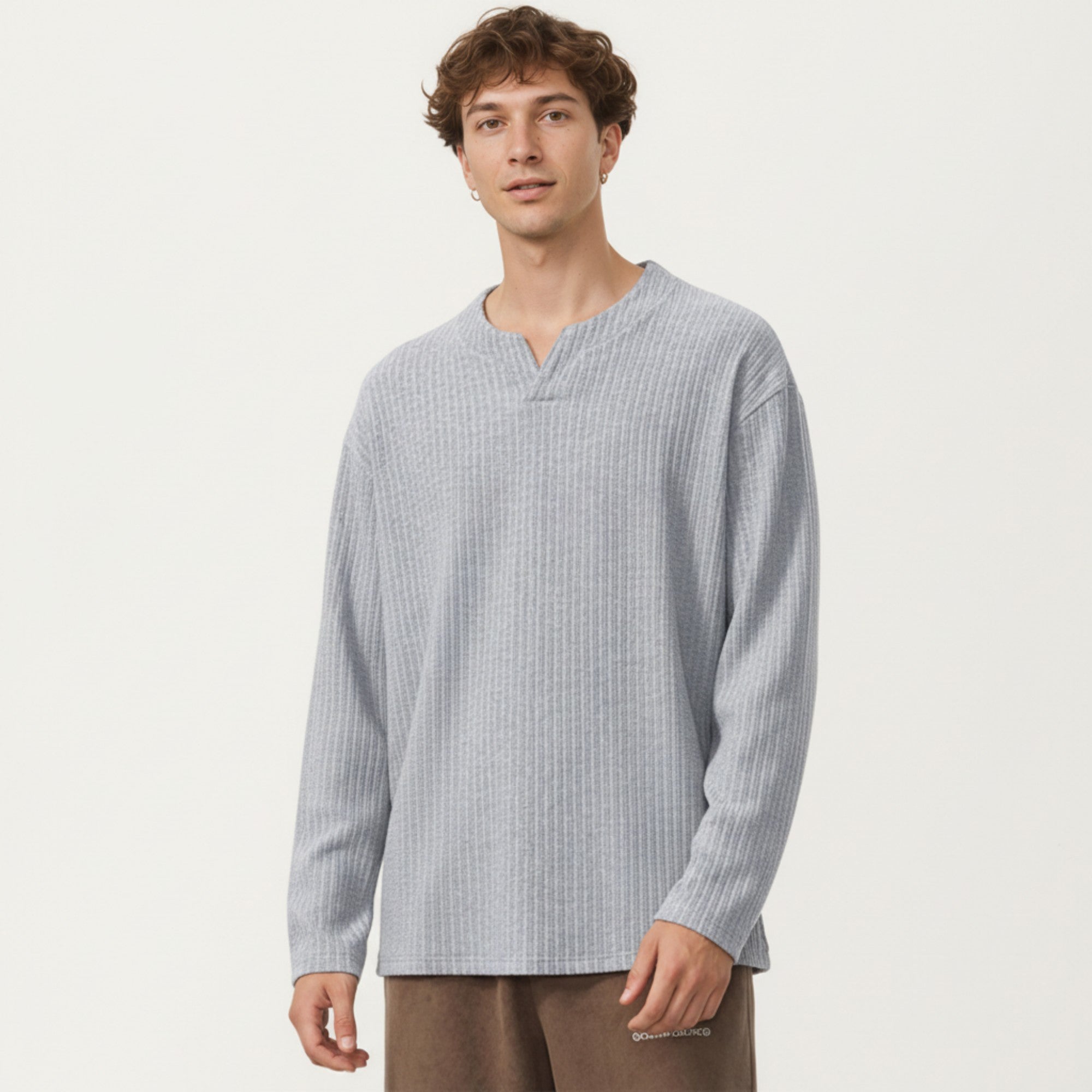 Anna-Kaci Men's Ribbed Long Sleeve Split Neck Top with Relaxed Fit