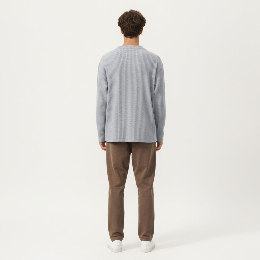 Anna-Kaci Men's Ribbed Long Sleeve Split Neck Top with Relaxed Fit