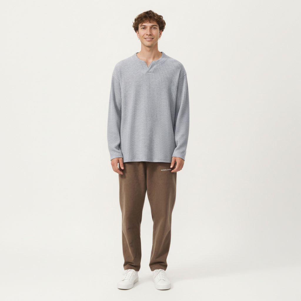 Anna-Kaci Men's Ribbed Long Sleeve Split Neck Top with Relaxed Fit