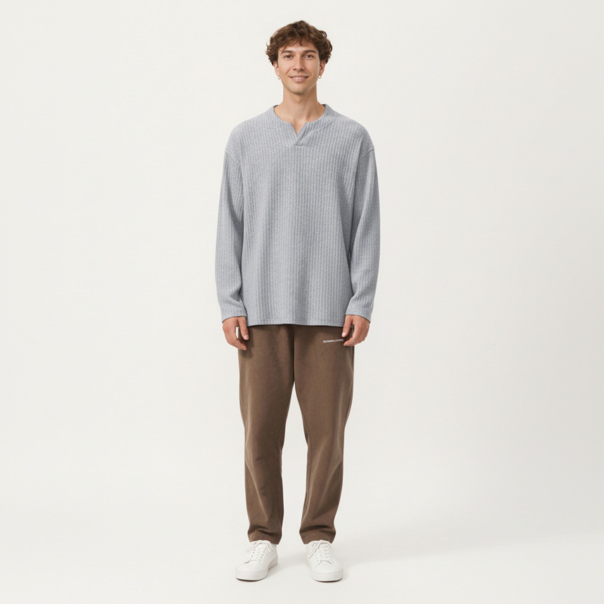 Anna-Kaci Men's Ribbed Long Sleeve Split Neck Top with Relaxed Fit