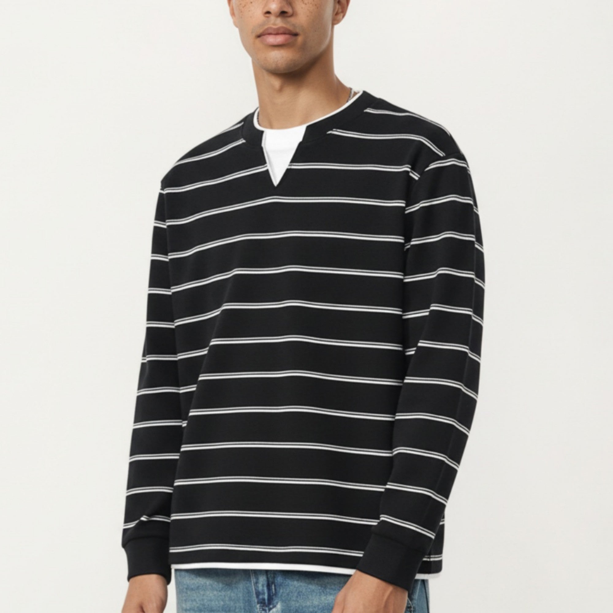 Anna-Kaci Men's Long Sleeve Striped Knit Pullover Top with Notch Neck and Ribbed Cuffs