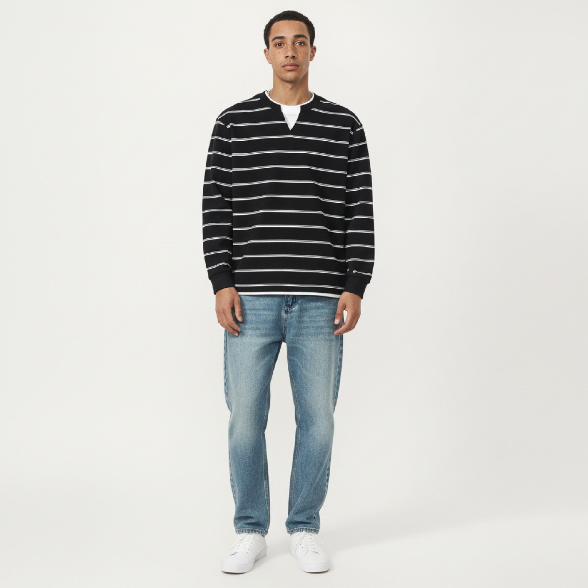 Anna-Kaci Men's Long Sleeve Striped Knit Pullover Top with Notch Neck and Ribbed Cuffs