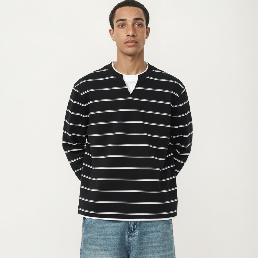 Anna-Kaci Men's Long Sleeve Striped Knit Pullover Top with Notch Neck and Ribbed Cuffs
