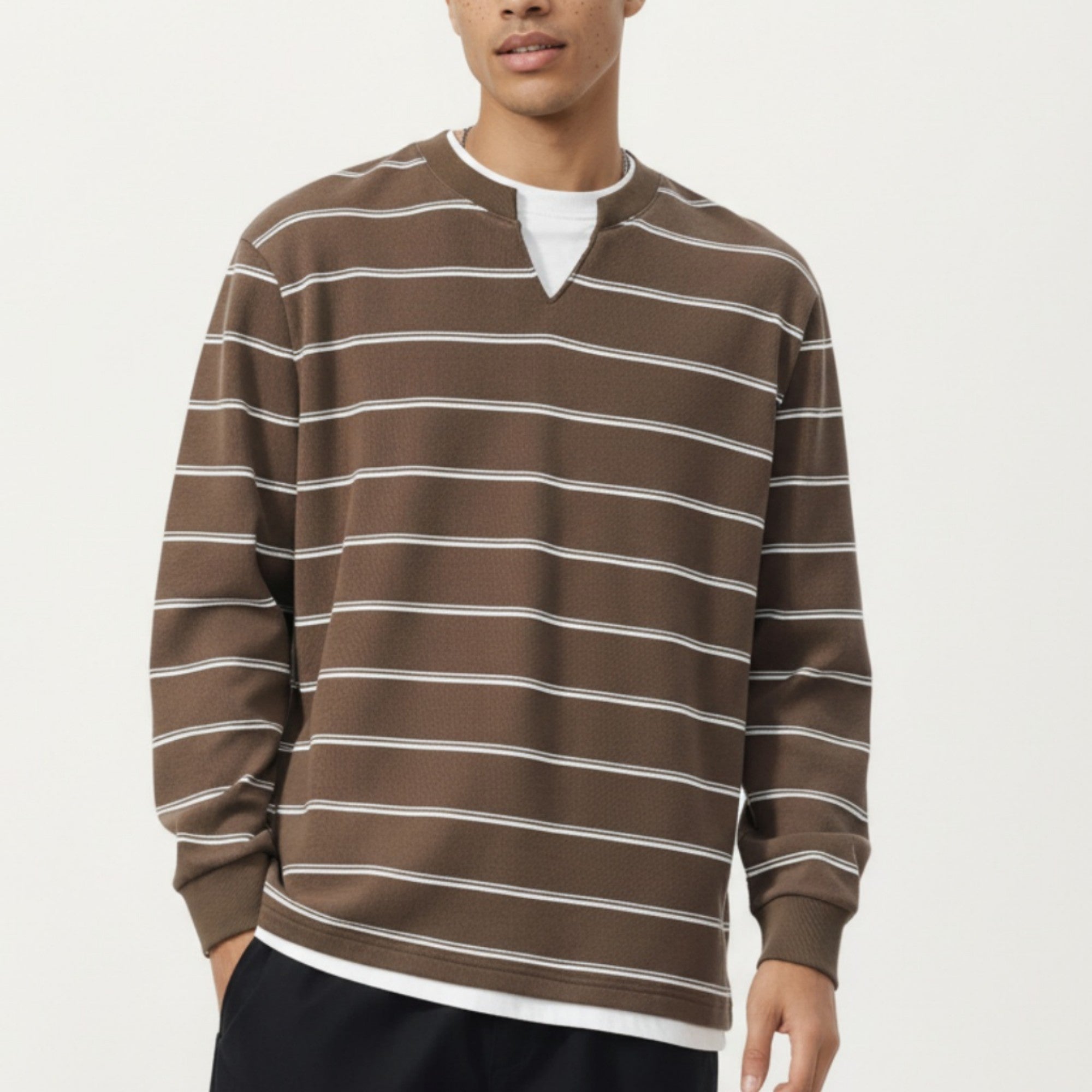 Anna-Kaci Men's Long Sleeve Striped Knit Pullover Top with Notch Neck and Ribbed Cuffs