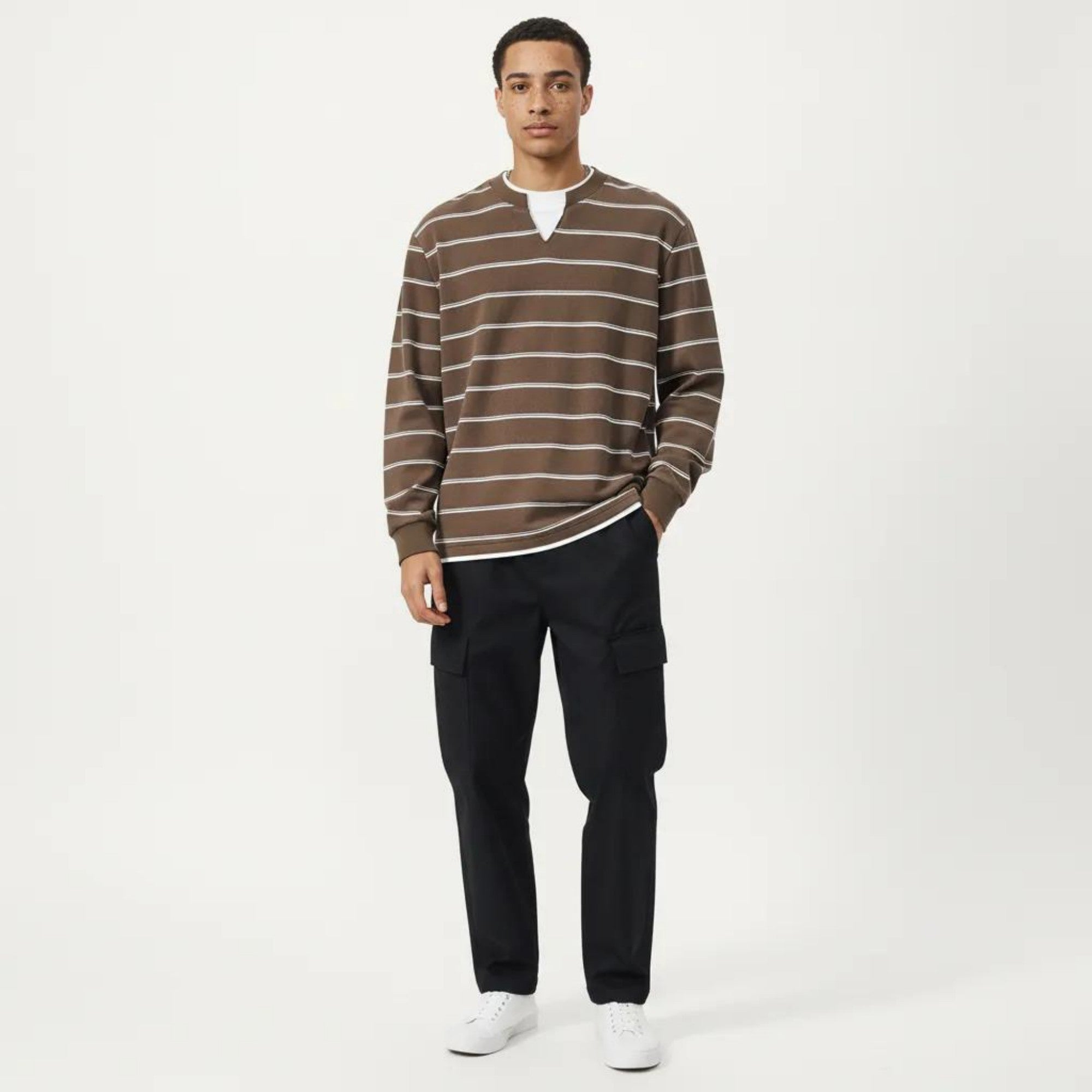 Anna-Kaci Men's Long Sleeve Striped Knit Pullover Top with Notch Neck and Ribbed Cuffs