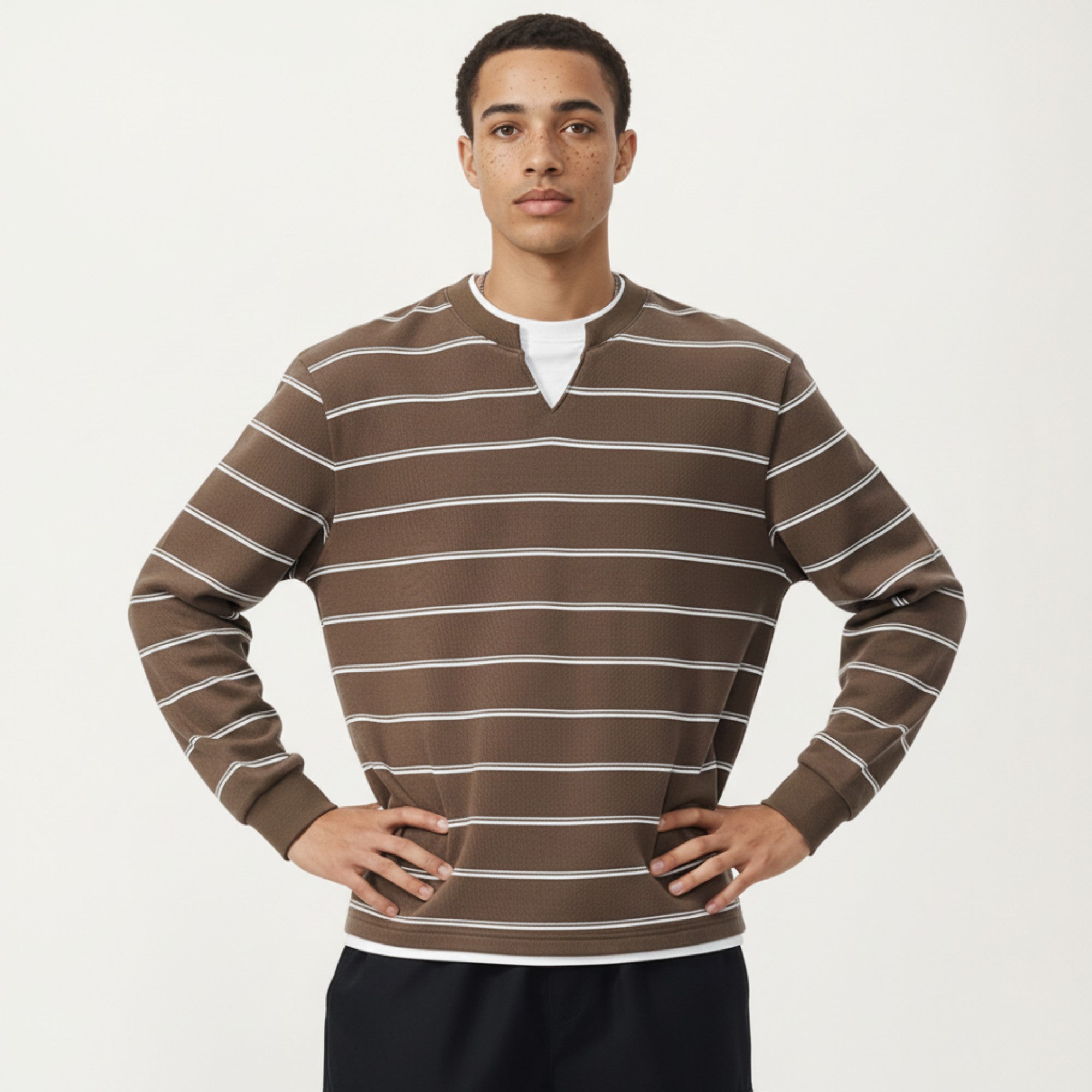 Anna-Kaci Men's Long Sleeve Striped Knit Pullover Top with Notch Neck and Ribbed Cuffs