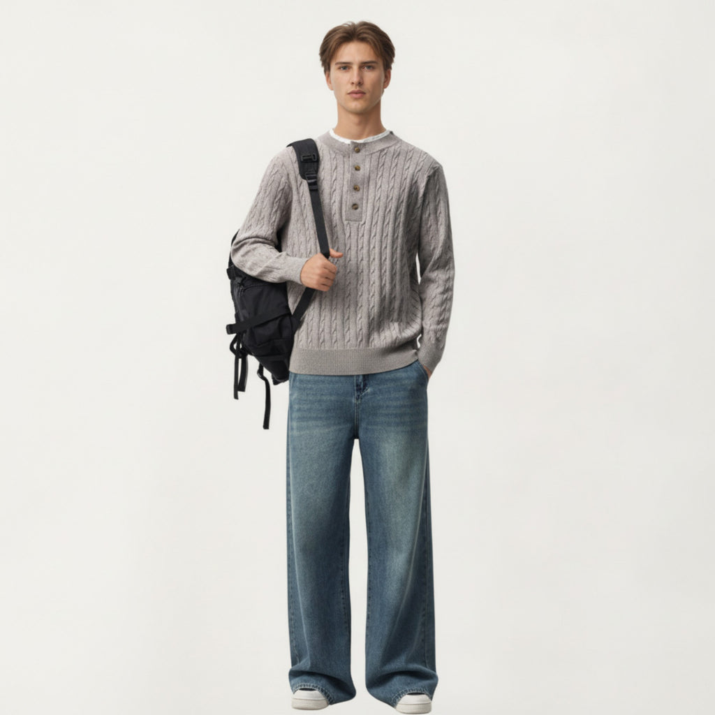Anna-Kaci Men's Long Sleeve Cable Knit Henley Sweater with Button Placket and Ribbed Trim