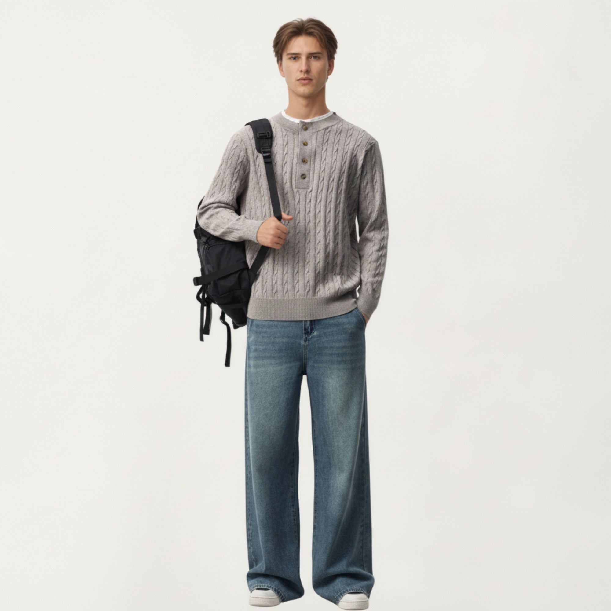 Anna-Kaci Men's Long Sleeve Cable Knit Henley Sweater with Button Placket and Ribbed Trim