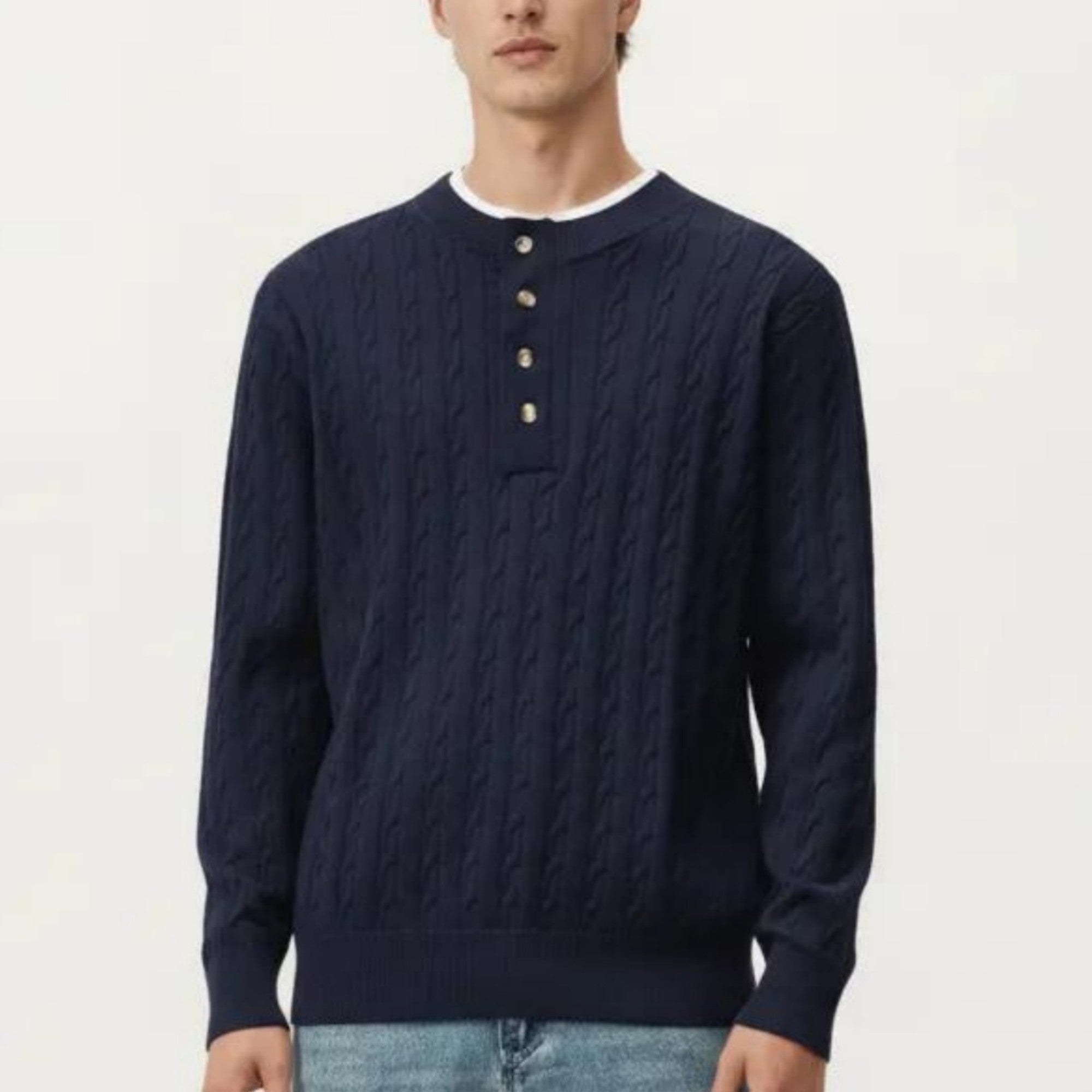 Anna-Kaci Men's Long Sleeve Cable Knit Henley Sweater with Button Placket and Ribbed Trim