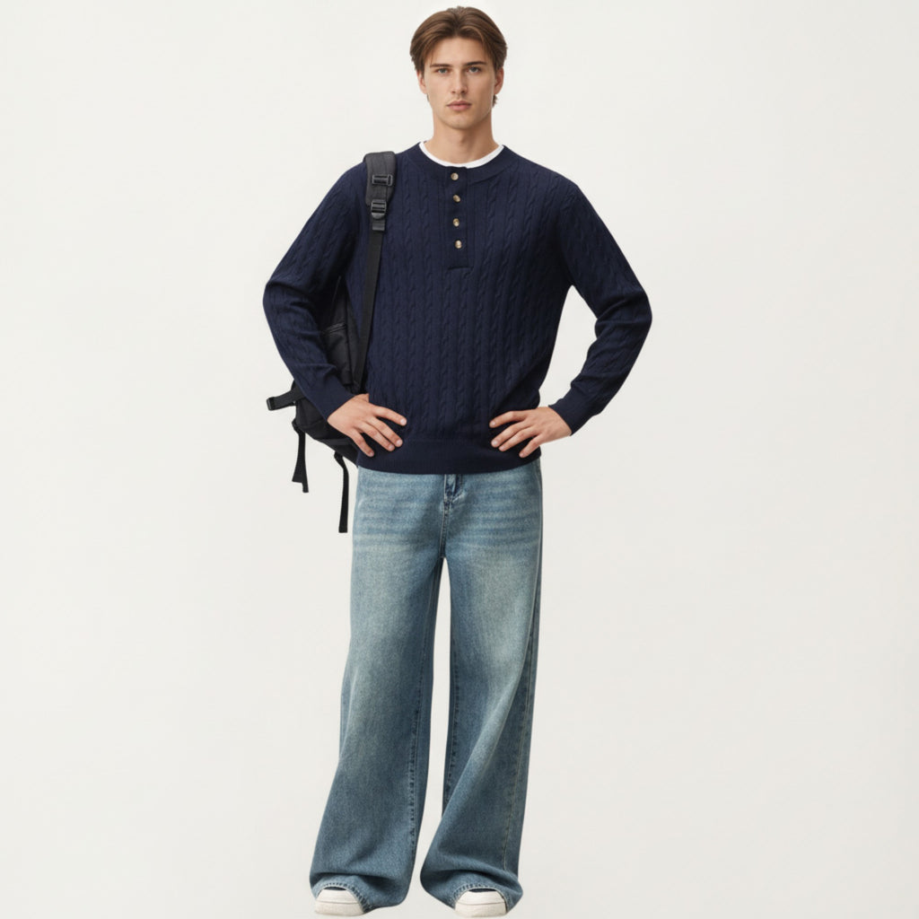 Anna-Kaci Men's Long Sleeve Cable Knit Henley Sweater with Button Placket and Ribbed Trim