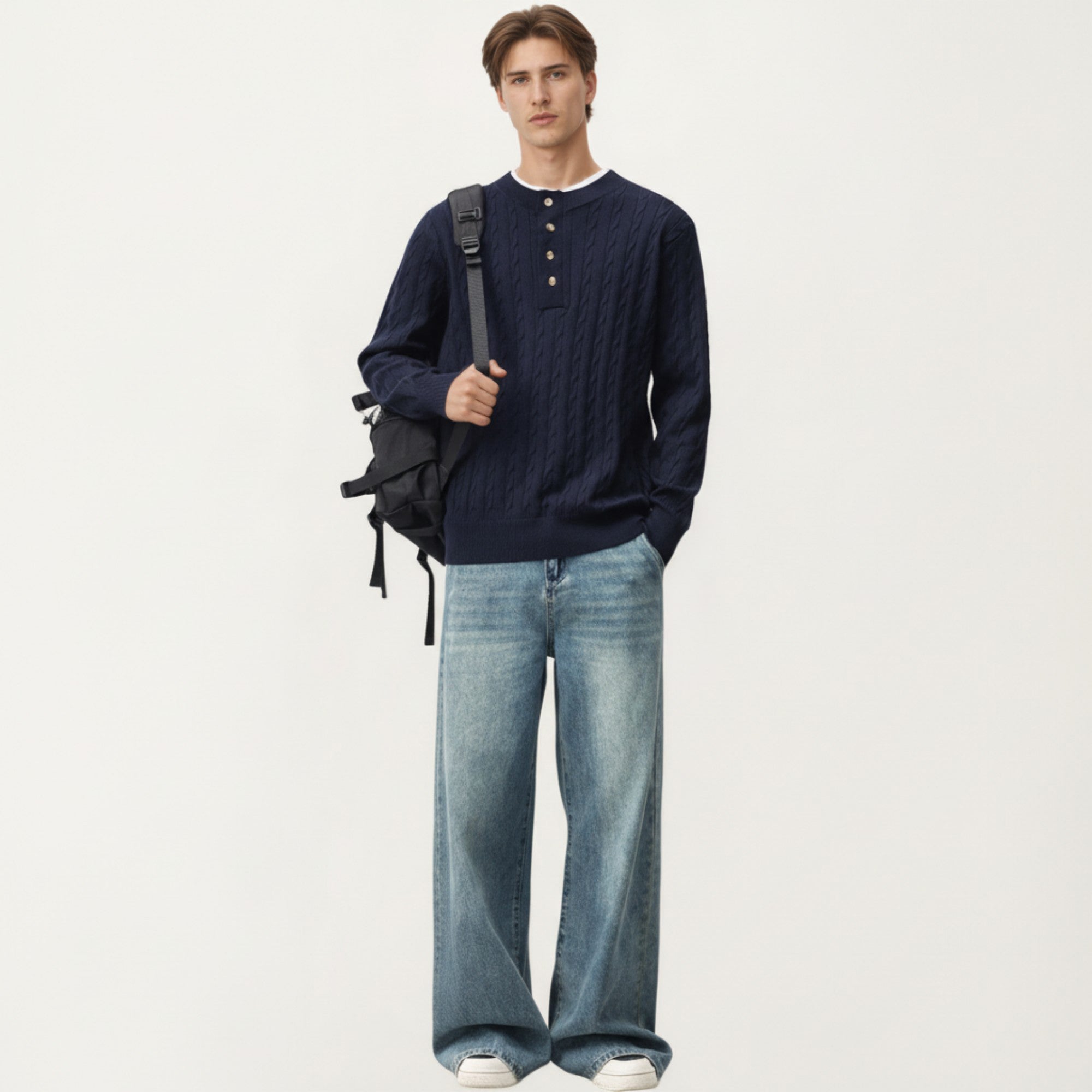 Anna-Kaci Men's Long Sleeve Cable Knit Henley Sweater with Button Placket and Ribbed Trim