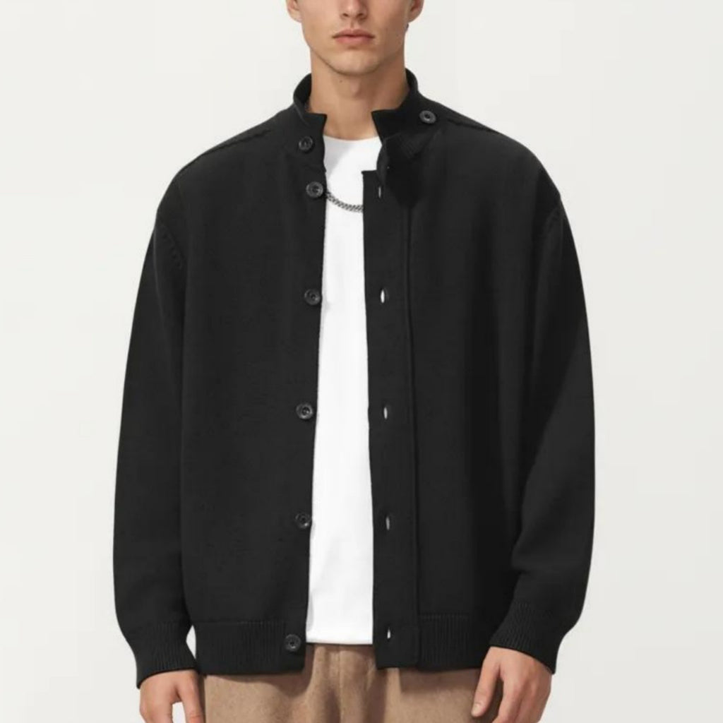 Anna-Kaci Men's Long Sleeve Button Front Knit Sweater Jacket with Mock Neck Collar and Ribbed Trim