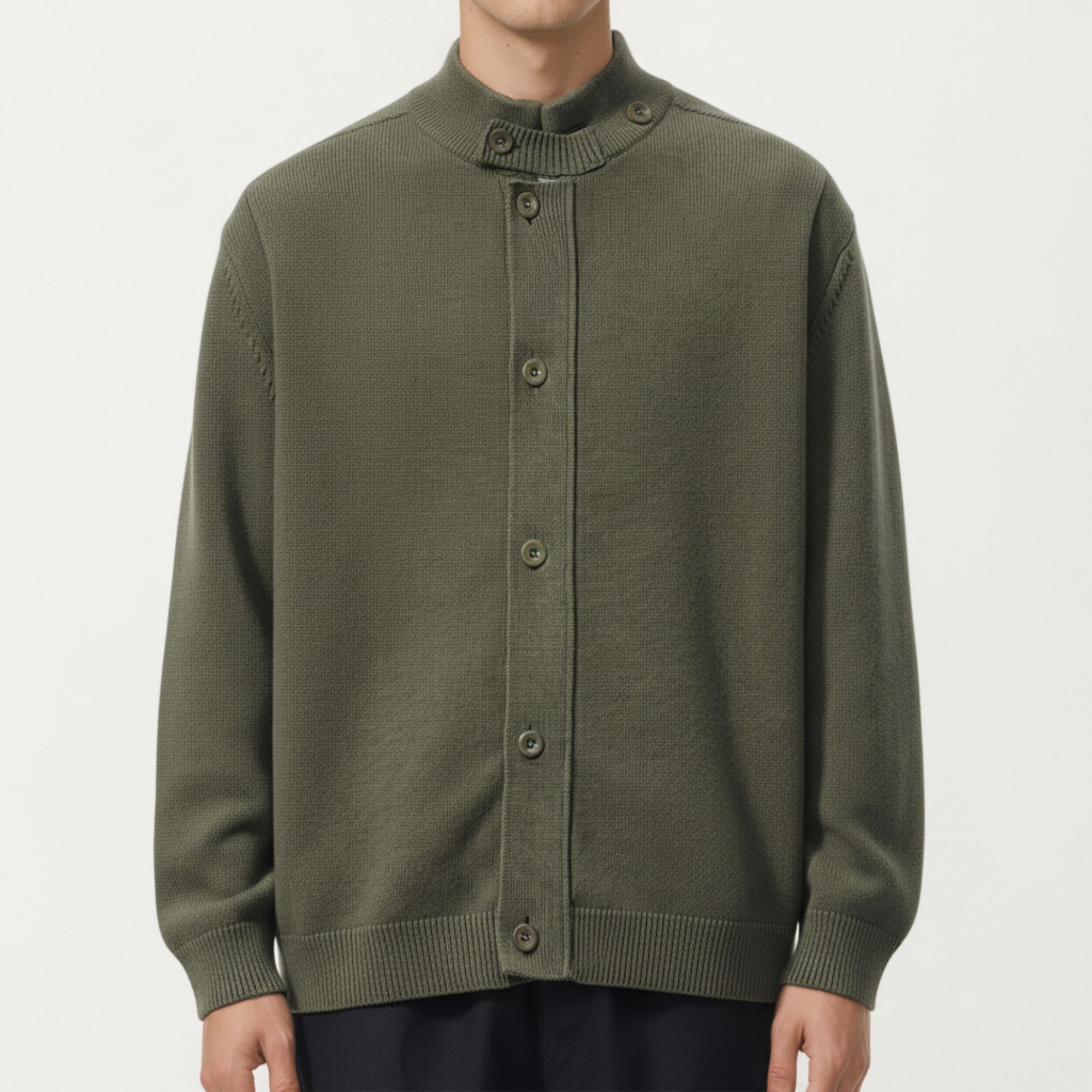 Anna-Kaci Men's Long Sleeve Button Front Knit Sweater Jacket with Mock Neck Collar and Ribbed Trim
