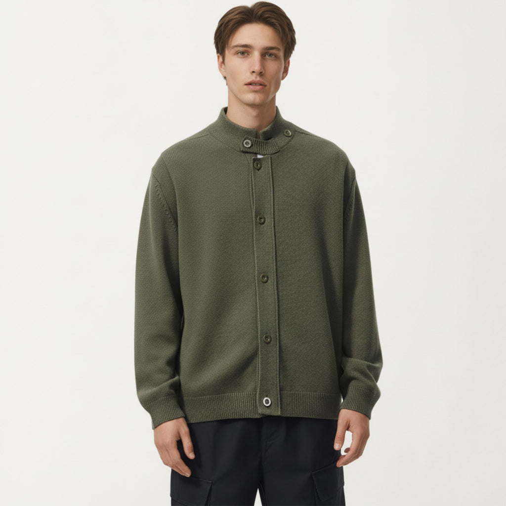 Anna-Kaci Men's Long Sleeve Button Front Knit Sweater Jacket with Mock Neck Collar and Ribbed Trim