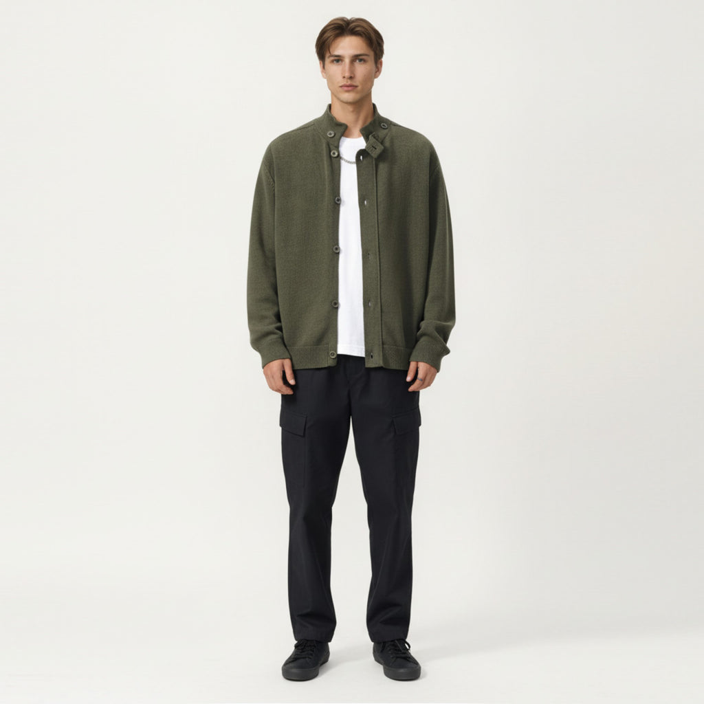 Anna-Kaci Men's Long Sleeve Button Front Knit Sweater Jacket with Mock Neck Collar and Ribbed Trim