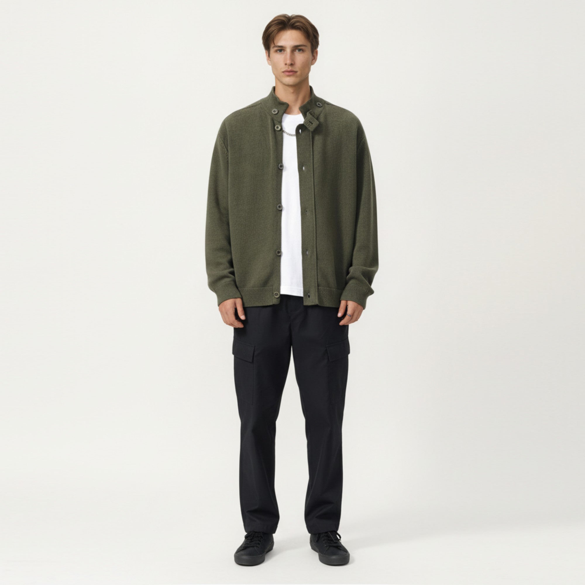Anna-Kaci Men's Long Sleeve Button Front Knit Sweater Jacket with Mock Neck Collar and Ribbed Trim