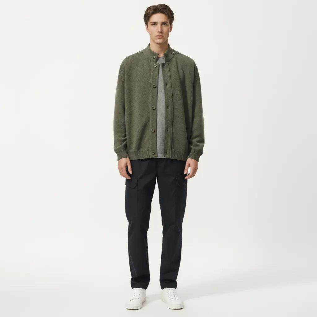 Anna-Kaci Men's Long Sleeve Button Front Knit Sweater Jacket with Mock Neck Collar and Ribbed Trim