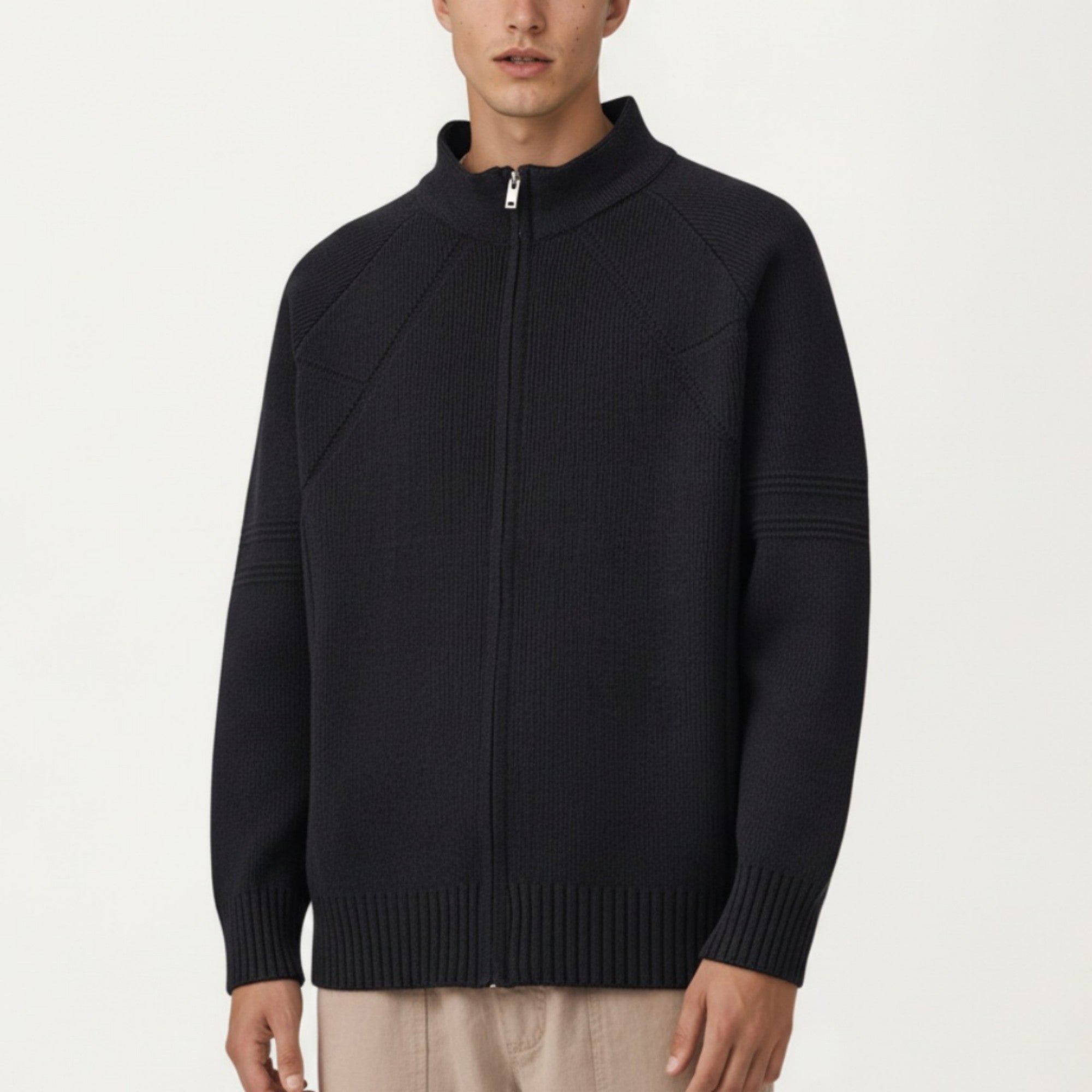 Anna-Kaci Men's Long Sleeve Full Zip Knit Sweater Jacket with Stand Collar Ribbed Trim and Relaxed Fit
