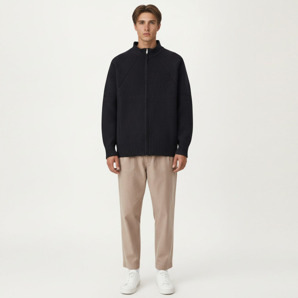 Anna-Kaci Men's Long Sleeve Full Zip Knit Sweater Jacket with Stand Collar Ribbed Trim and Relaxed Fit