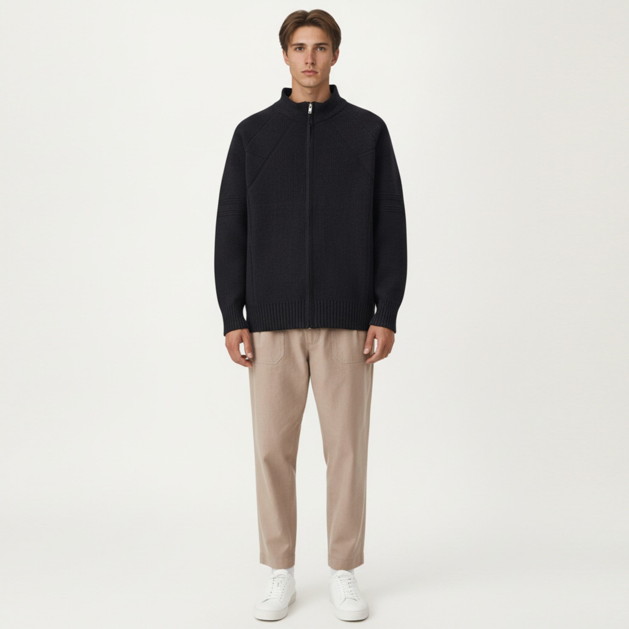 Anna-Kaci Men's Long Sleeve Full Zip Knit Sweater Jacket with Stand Collar Ribbed Trim and Relaxed Fit