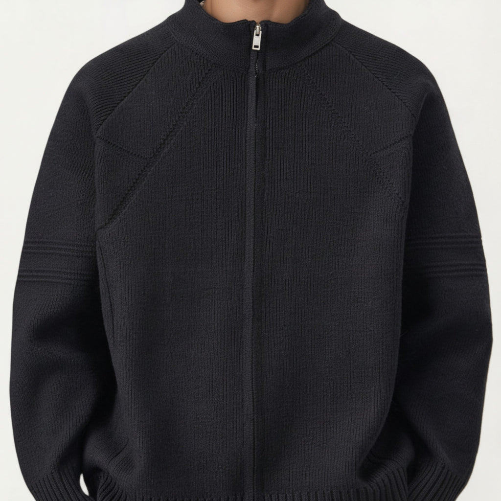 Anna-Kaci Men's Long Sleeve Full Zip Knit Sweater Jacket with Stand Collar Ribbed Trim and Relaxed Fit