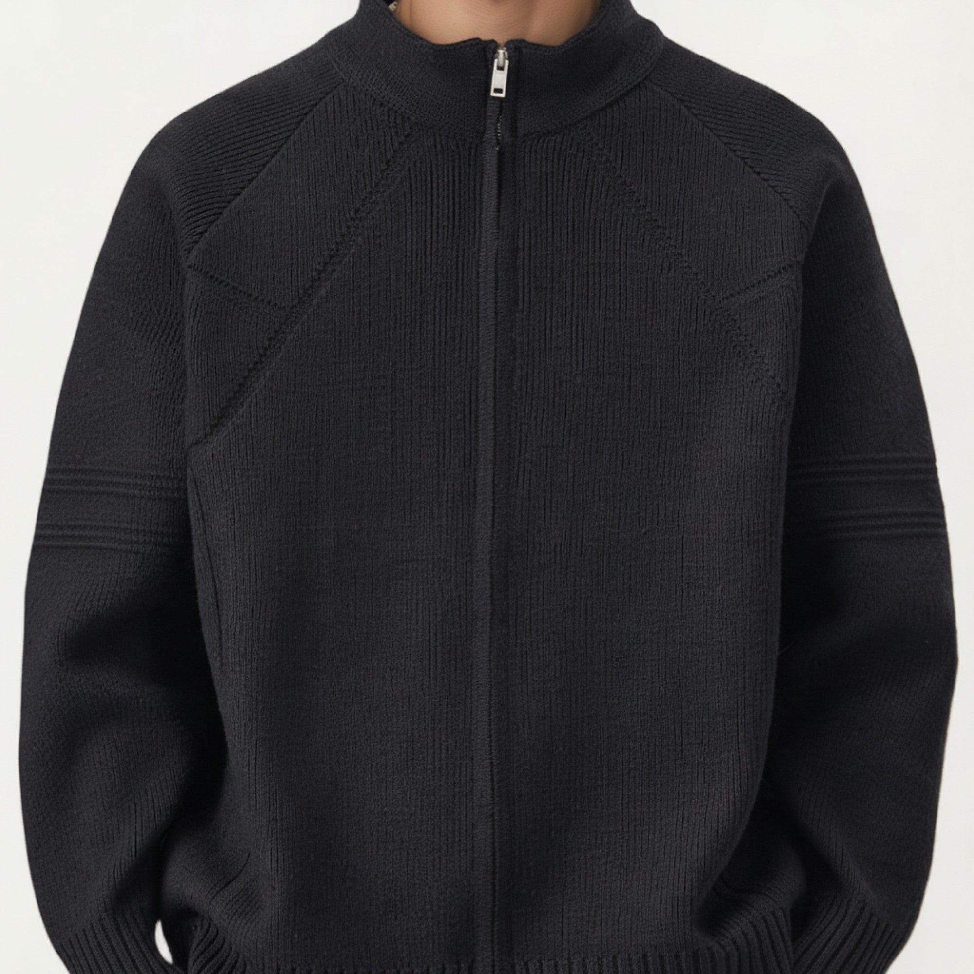 Anna-Kaci Men's Long Sleeve Full Zip Knit Sweater Jacket with Stand Collar Ribbed Trim and Relaxed Fit