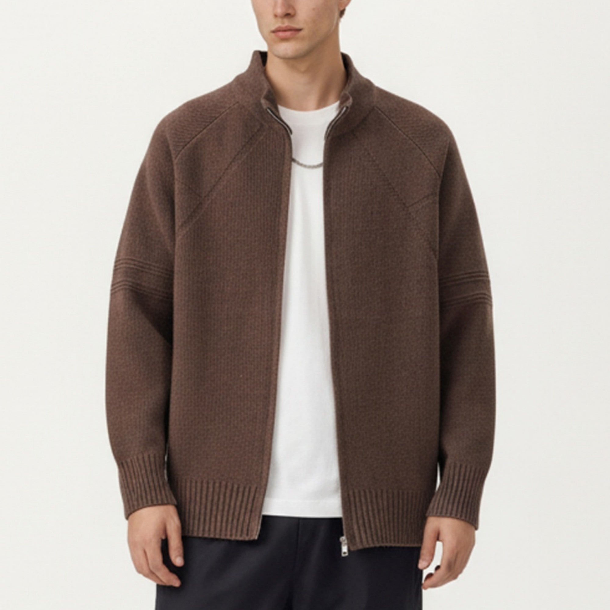 Anna-Kaci Men's Long Sleeve Full Zip Knit Sweater Jacket with Stand Collar Ribbed Trim and Relaxed Fit