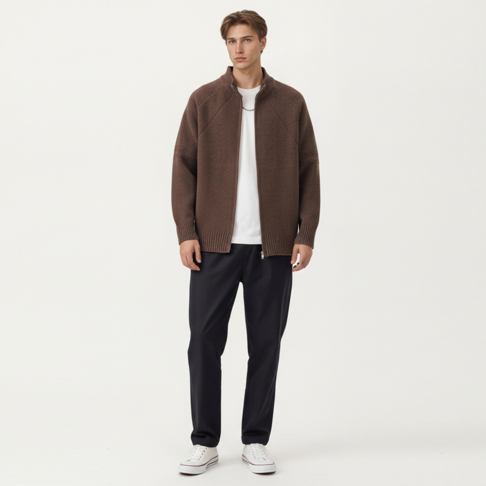 Anna-Kaci Men's Long Sleeve Full Zip Knit Sweater Jacket with Stand Collar Ribbed Trim and Relaxed Fit