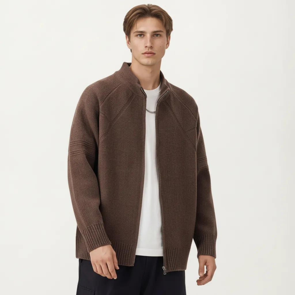 Anna-Kaci Men's Long Sleeve Full Zip Knit Sweater Jacket with Stand Collar Ribbed Trim and Relaxed Fit