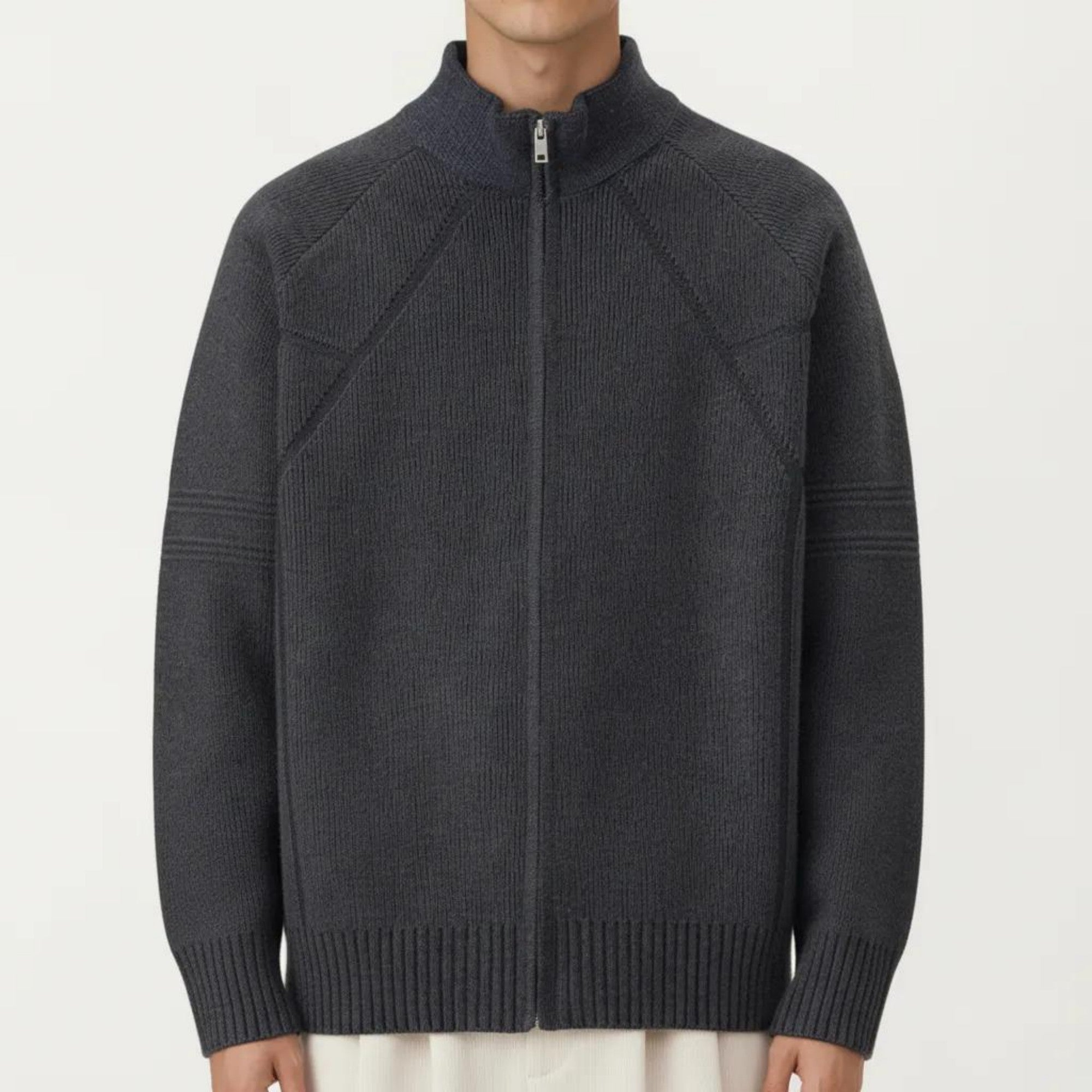 Anna-Kaci Men's Long Sleeve Full Zip Knit Sweater Jacket with Stand Collar Ribbed Trim and Relaxed Fit