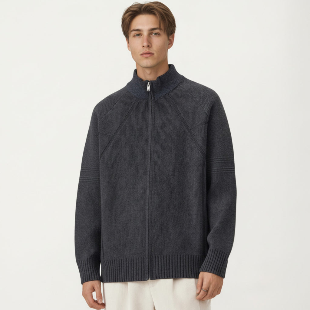 Anna-Kaci Men's Long Sleeve Full Zip Knit Sweater Jacket with Stand Collar Ribbed Trim and Relaxed Fit