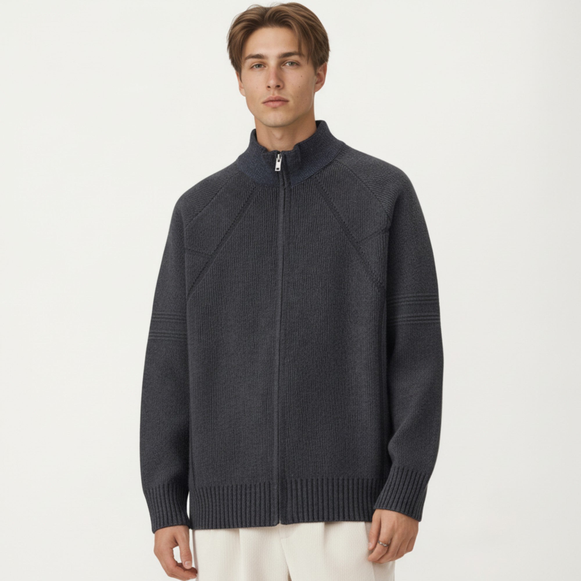 Anna-Kaci Men's Long Sleeve Full Zip Knit Sweater Jacket with Stand Collar Ribbed Trim and Relaxed Fit