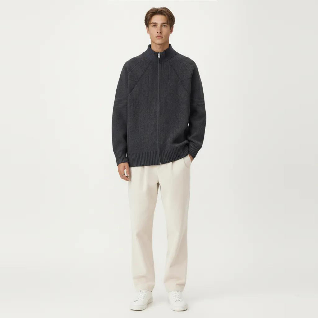 Anna-Kaci Men's Long Sleeve Full Zip Knit Sweater Jacket with Stand Collar Ribbed Trim and Relaxed Fit