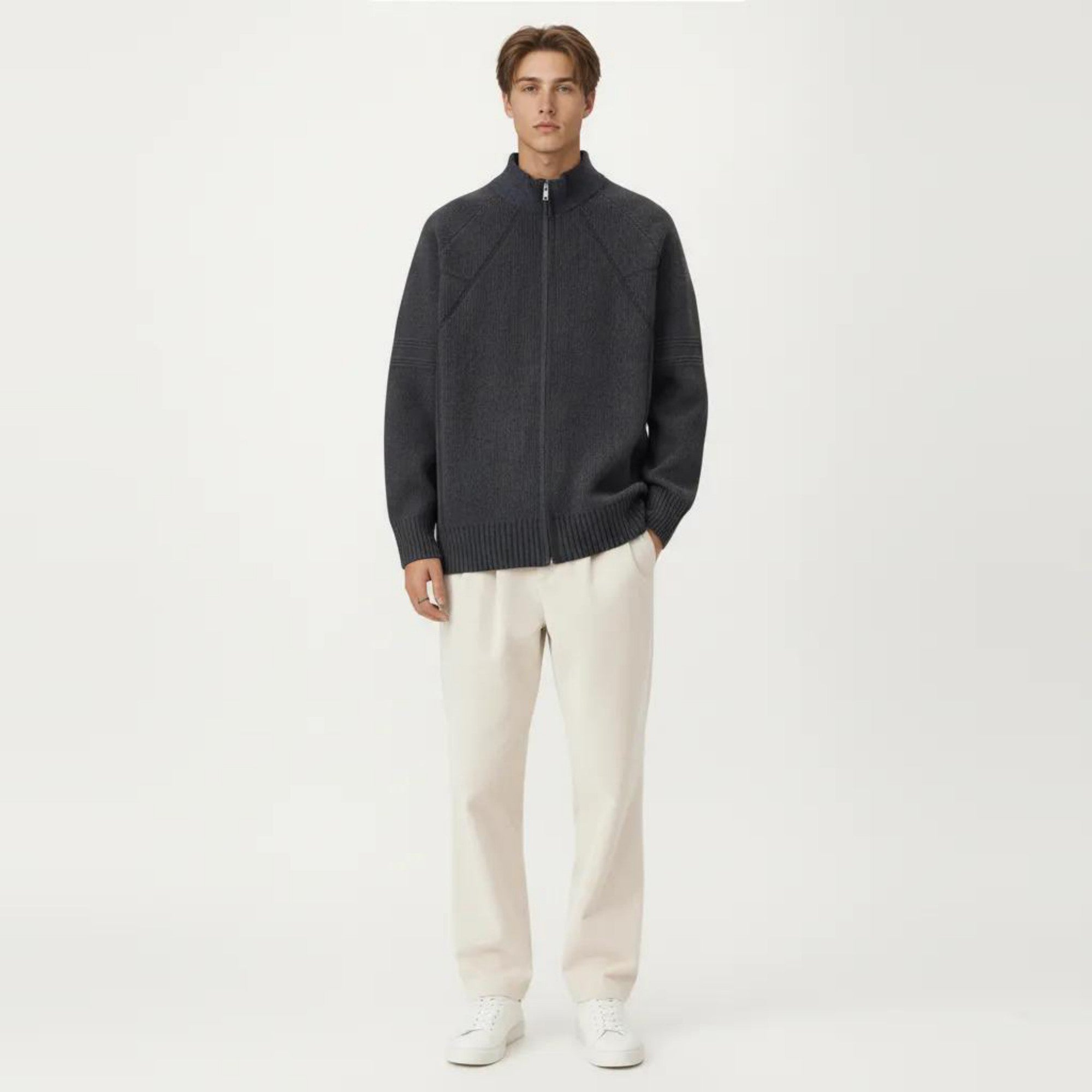 Anna-Kaci Men's Long Sleeve Full Zip Knit Sweater Jacket with Stand Collar Ribbed Trim and Relaxed Fit
