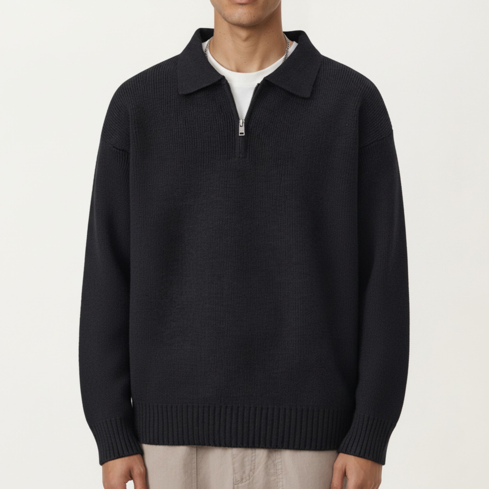 Anna-Kaci Men's Long Sleeve Collared Quarter Zip Knit Pullover Sweater with Ribbed Trim and Relaxed Fit