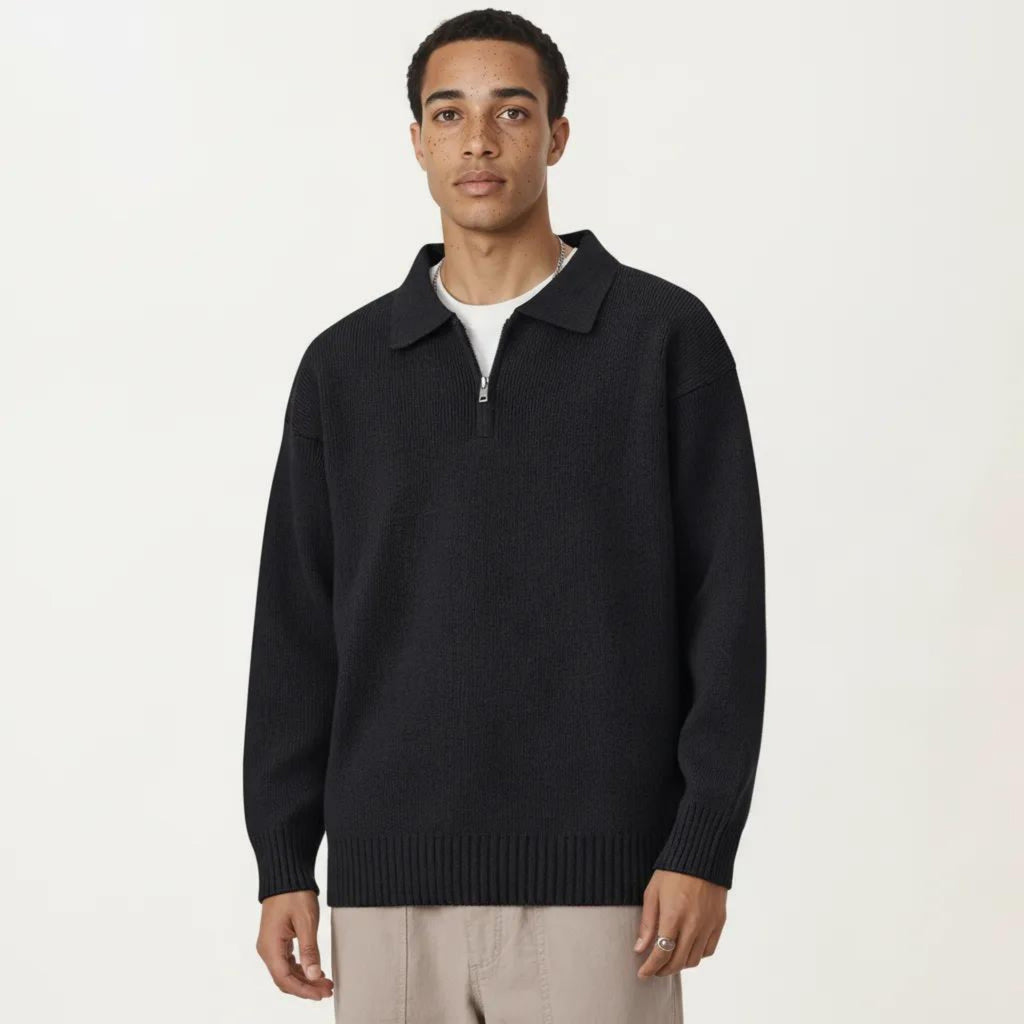 Anna-Kaci Men's Long Sleeve Collared Quarter Zip Knit Pullover Sweater with Ribbed Trim and Relaxed Fit